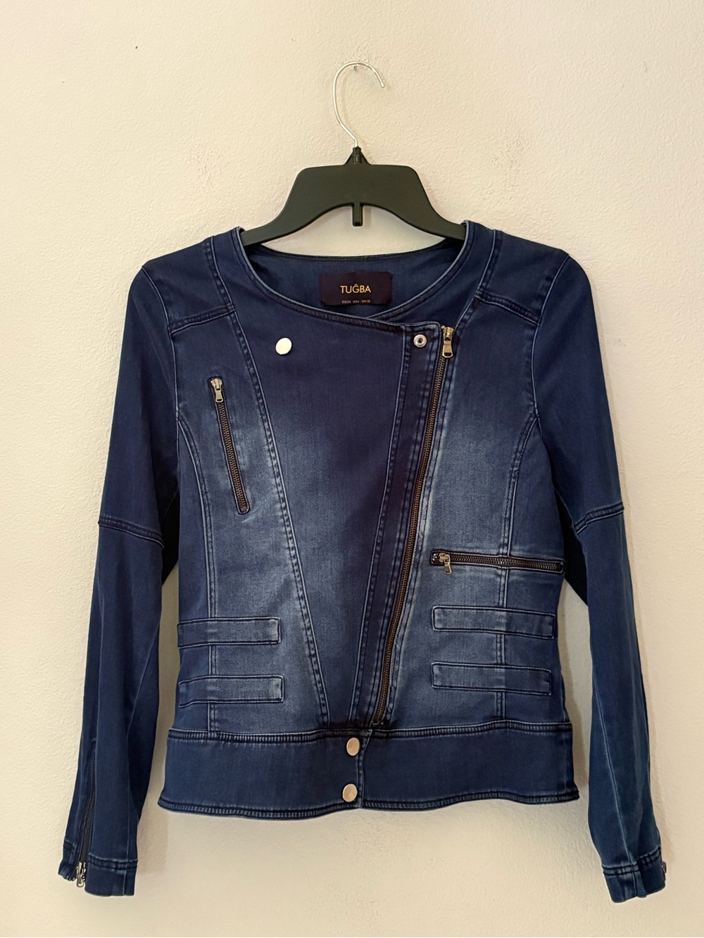 TUGBA 100% Tensel Moto Jacket Size 6 Blue Asymmetrical Zip Biker